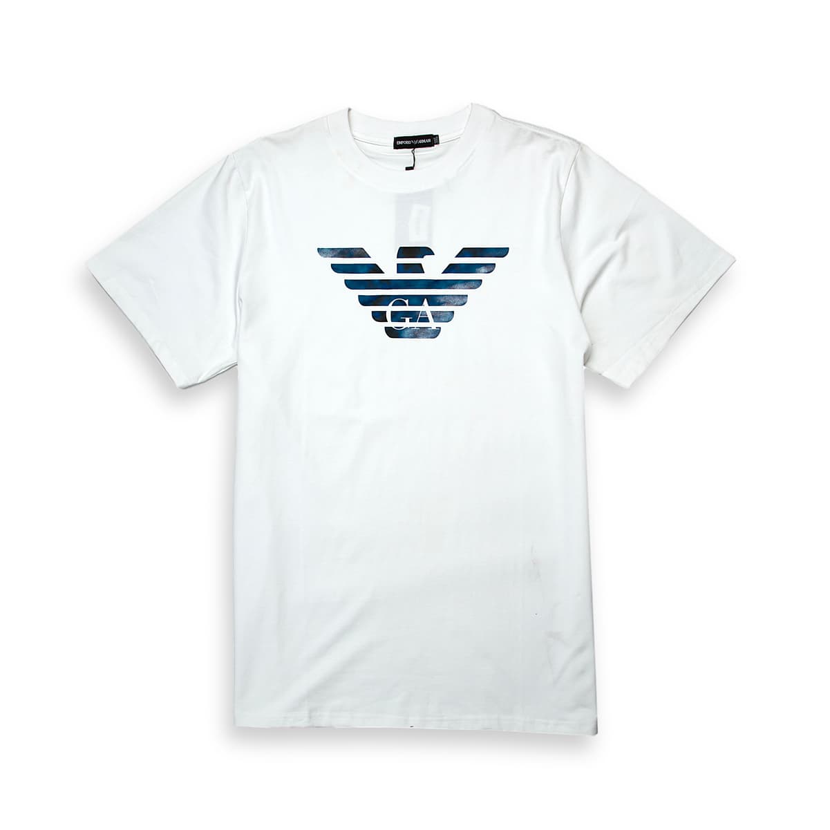 White Emporio Armani t-shirt with large blue and black marbled Eagle logo on chest, designer unisex casual wear.