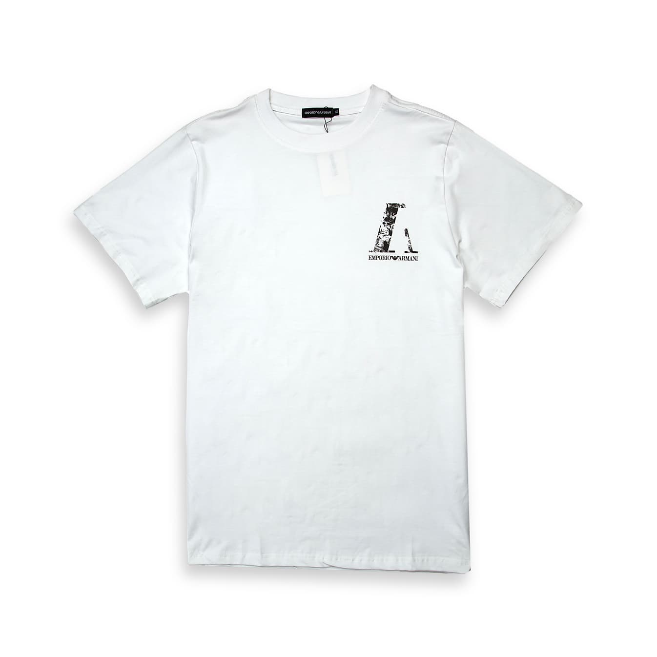 White Emporio Armani t-shirt with small distressed 'A' and text logo on chest, designer unisex casual wear.