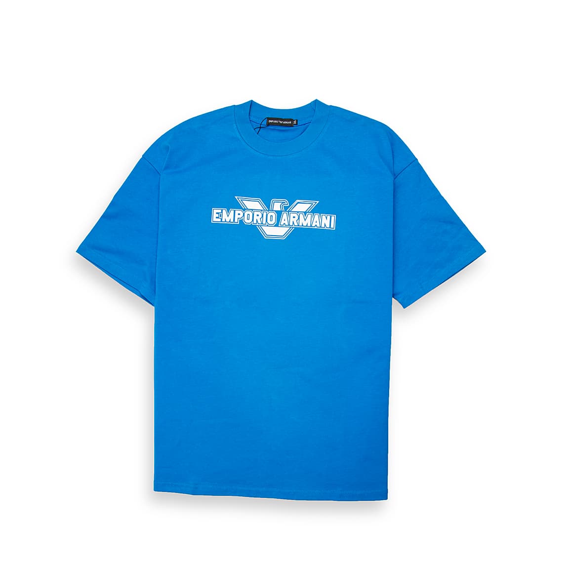 Cobalt Blue Emporio Armani t-shirt with large white framed Eagle logo on chest, designer unisex casual wear.