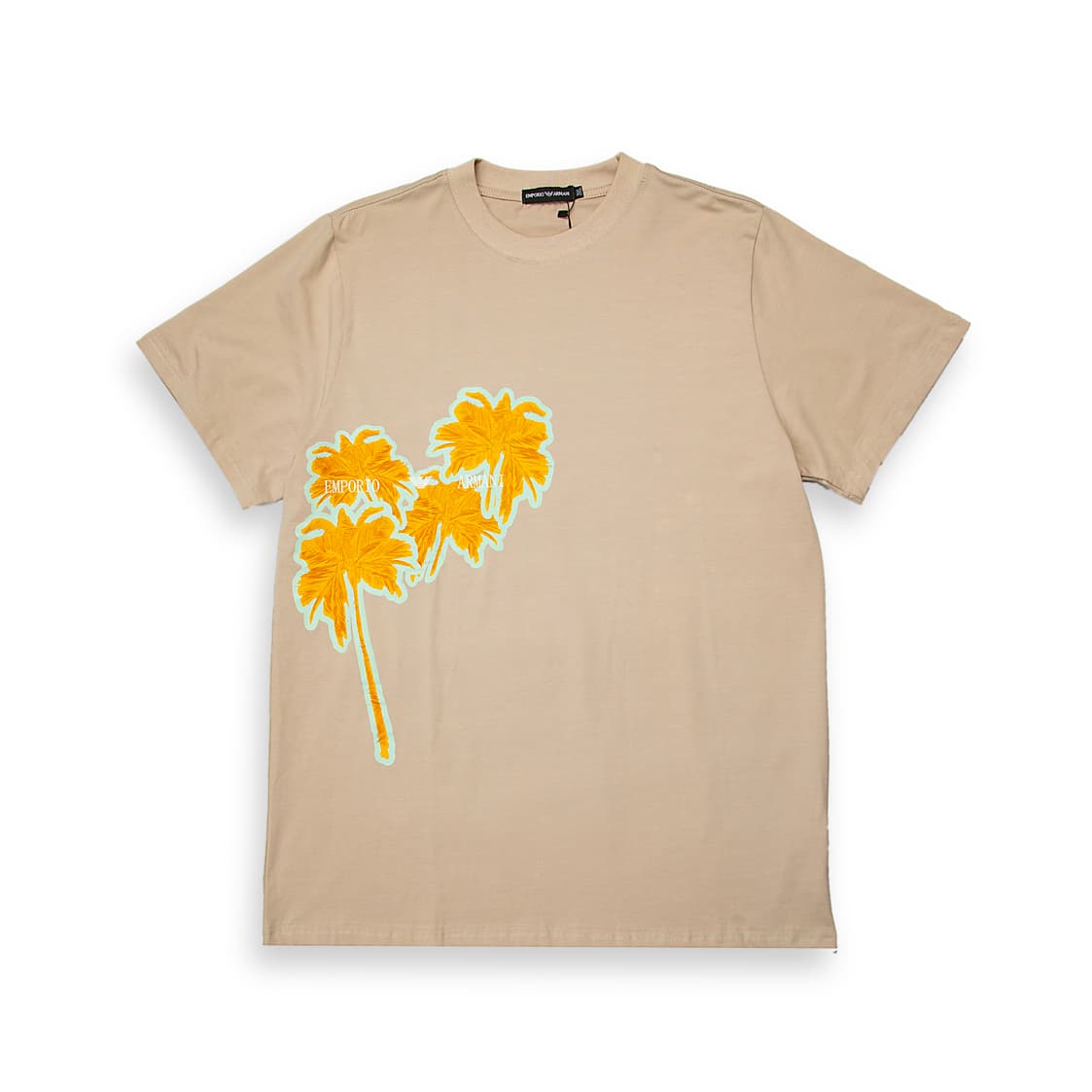 Beige Emporio Armani t-shirt with large yellow neon palm tree graphic and logo on chest, designer unisex casual wear.