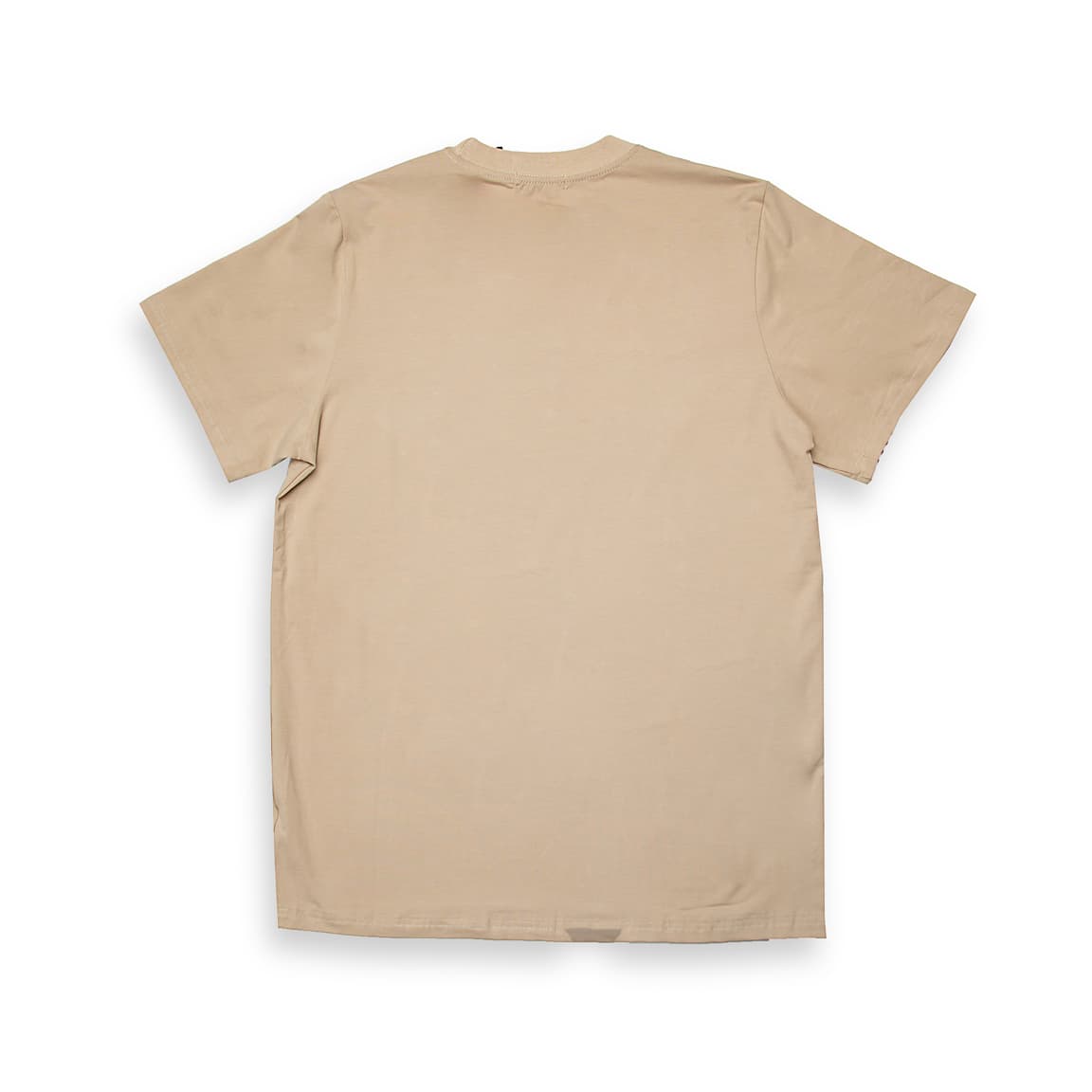 Beige Emporio Armani t-shirt with large yellow neon palm tree graphic and logo on chest, designer unisex casual wear.