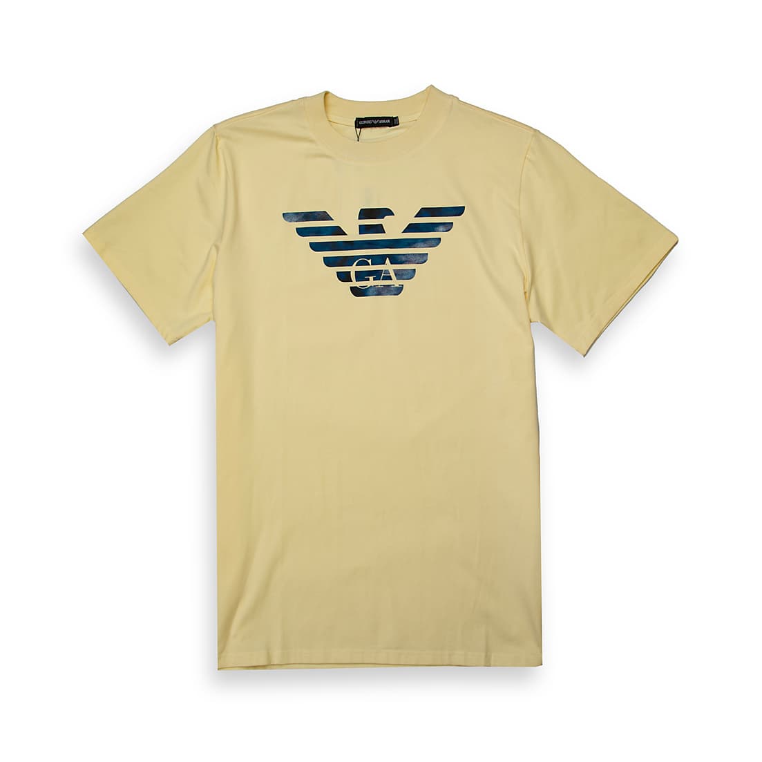 Pale Yellow Emporio Armani t-shirt with large blue and white marbled Eagle logo on chest, designer unisex casual wear.