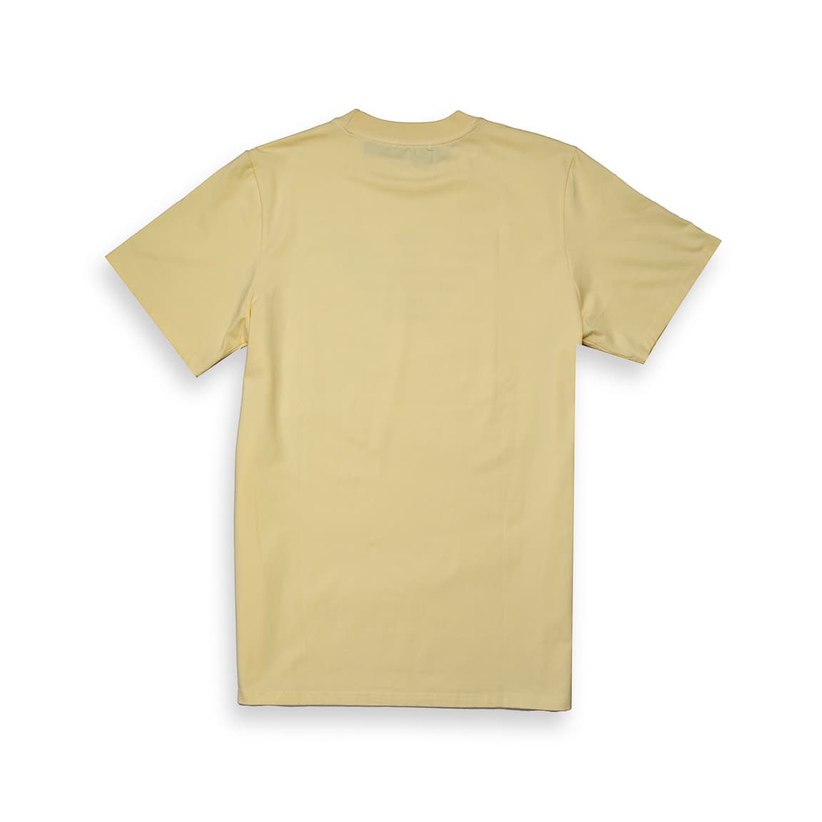 Pale Yellow Emporio Armani t-shirt with large blue and white marbled Eagle logo on chest, designer unisex casual wear.