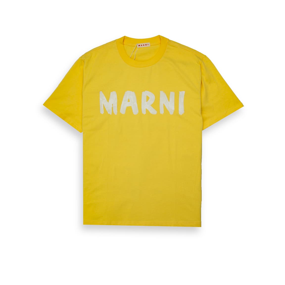 Yellow Marni t-shirt with large white brushstroke logo graphic on chest, short sleeves, designer unisex streetwear.