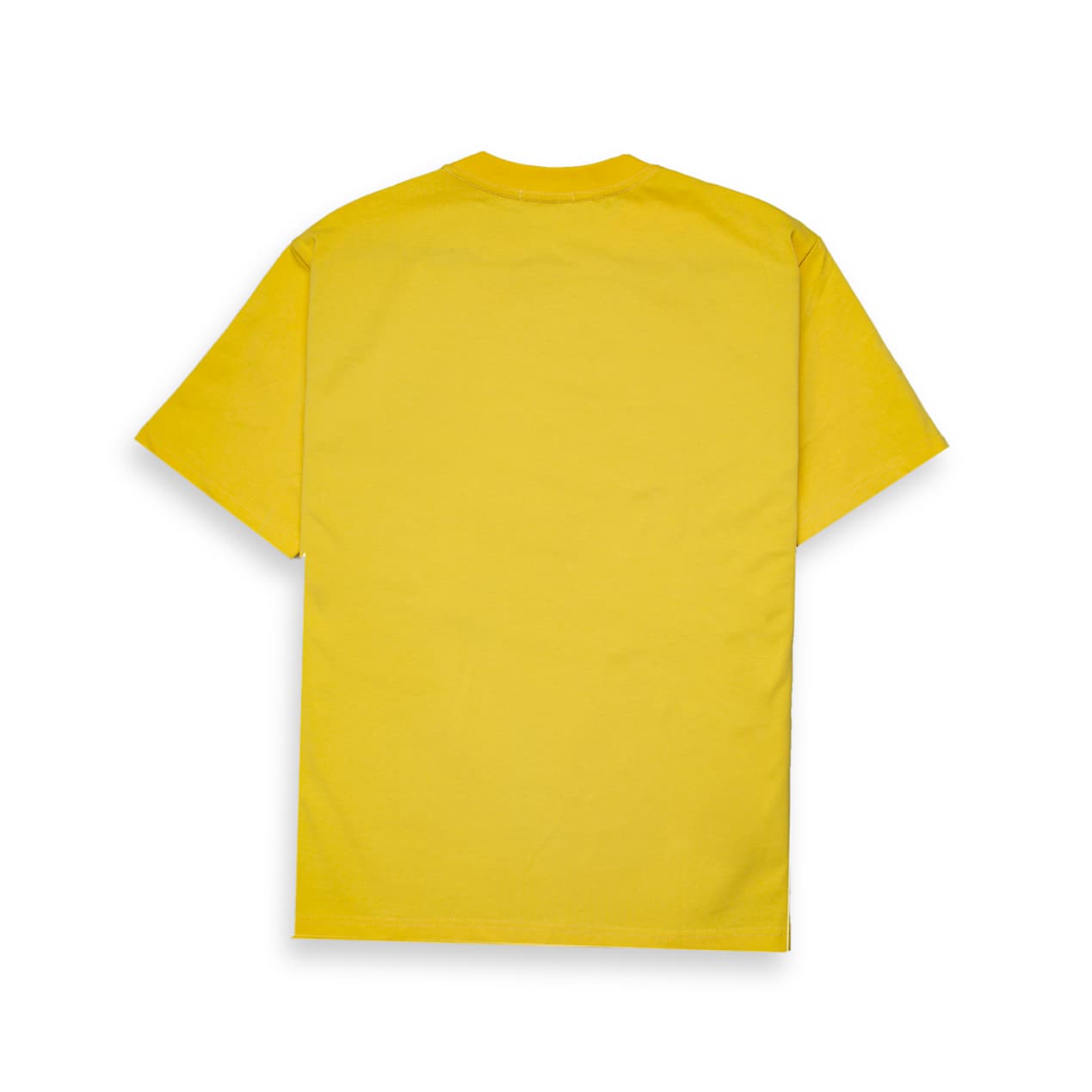Yellow Marni t-shirt with large white brushstroke logo graphic on chest, short sleeves, designer unisex streetwear.