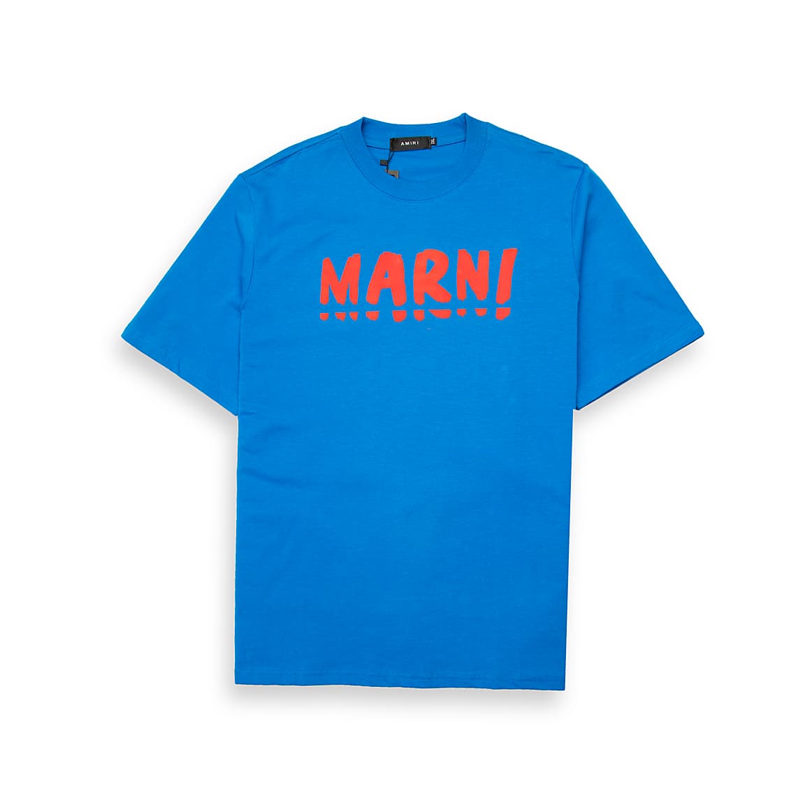 Royal Blue Marni t-shirt with large red brushstroke logo graphic on chest, short sleeves, designer unisex streetwear.
