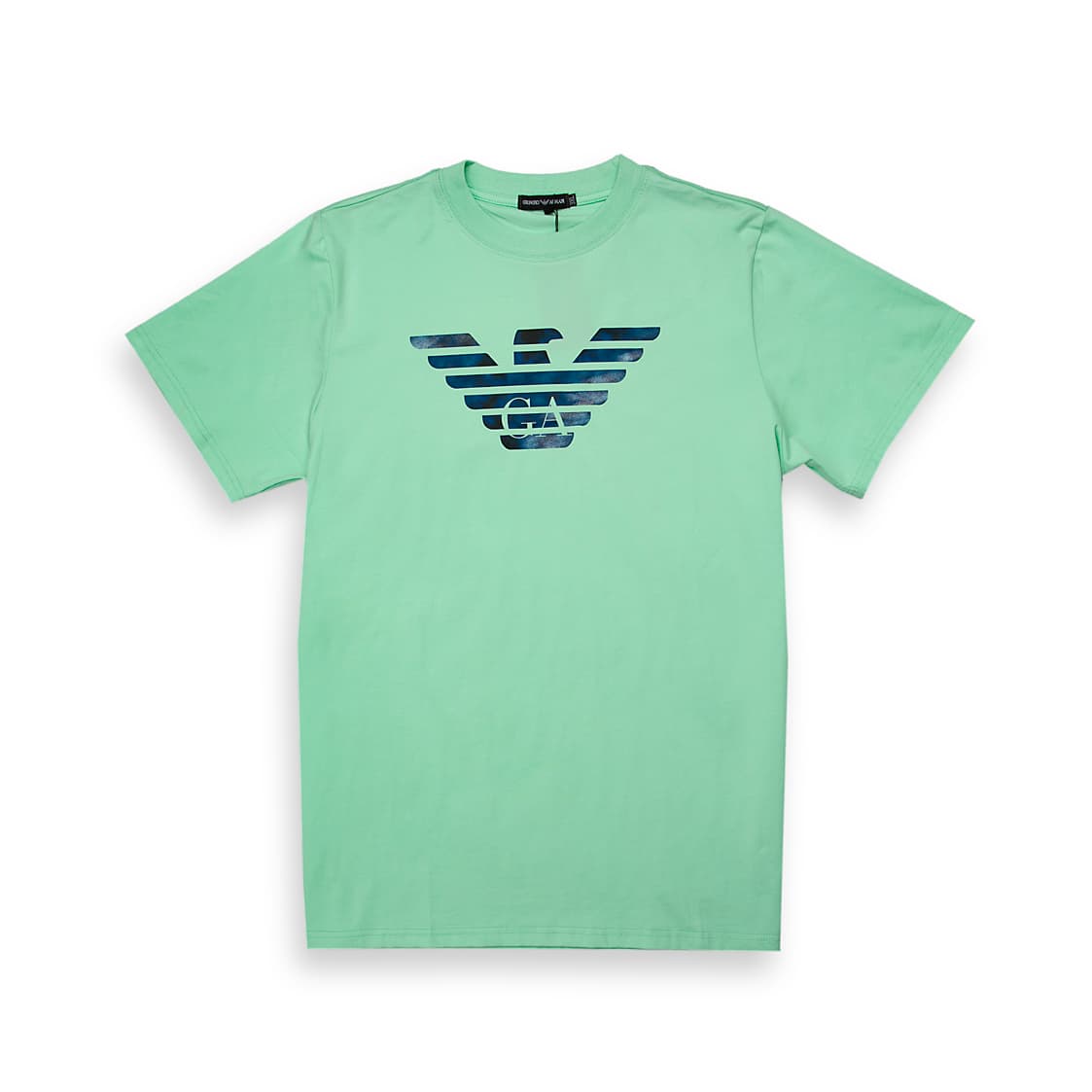 Mint Green Emporio Armani t-shirt with large blue and white marbled Eagle logo on chest, designer unisex casual wear.