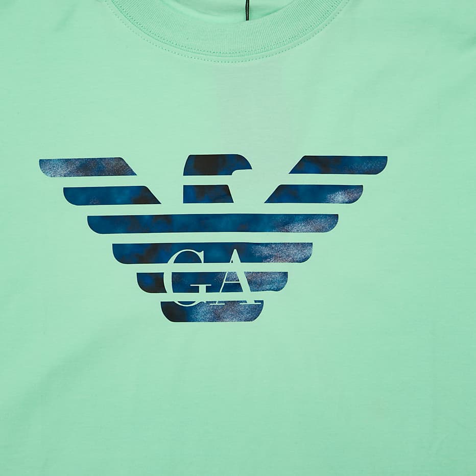 Mint Green Emporio Armani t-shirt with large blue and white marbled Eagle logo on chest, designer unisex casual wear.