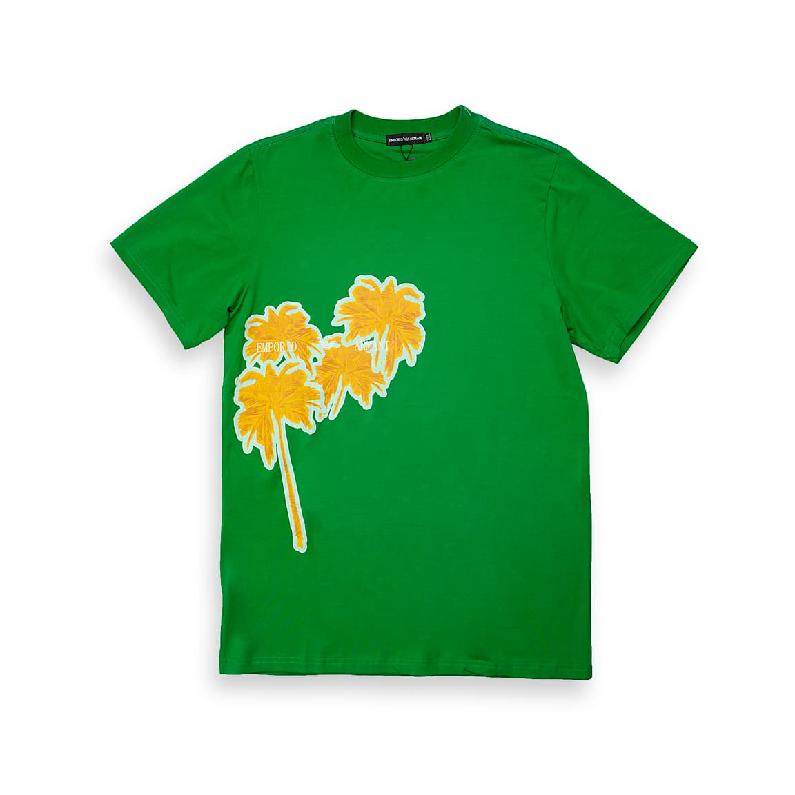 Kelly Green Emporio Armani t-shirt with large neon yellow palm tree graphic on chest, designer unisex casual wear.