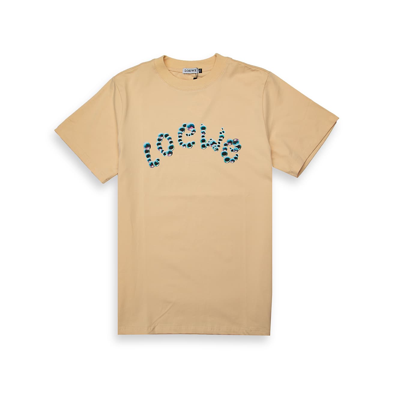 Tan Loewe t-shirt with large blue/black animal print bubble logo on chest, short sleeves, luxury unisex designer wear.