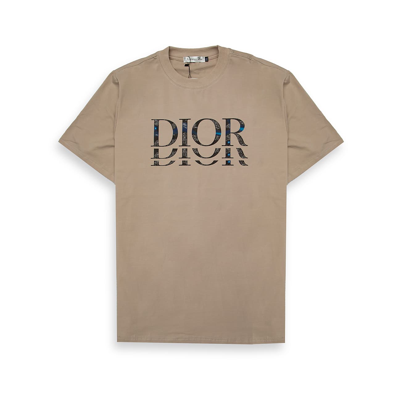Beige Christian Dior t-shirt with mirrored DIOR logo filled with Oblique print and blue sparkle details, designer cotton.