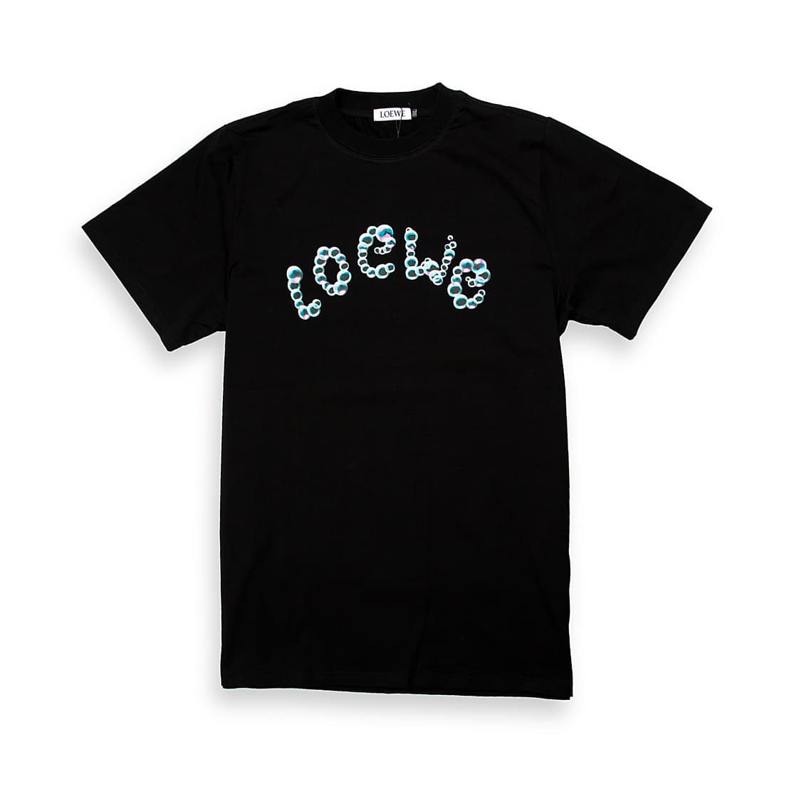 Black Loewe t-shirt with large blue/teal animal print bubble logo on chest, short sleeves, luxury unisex designer wear.