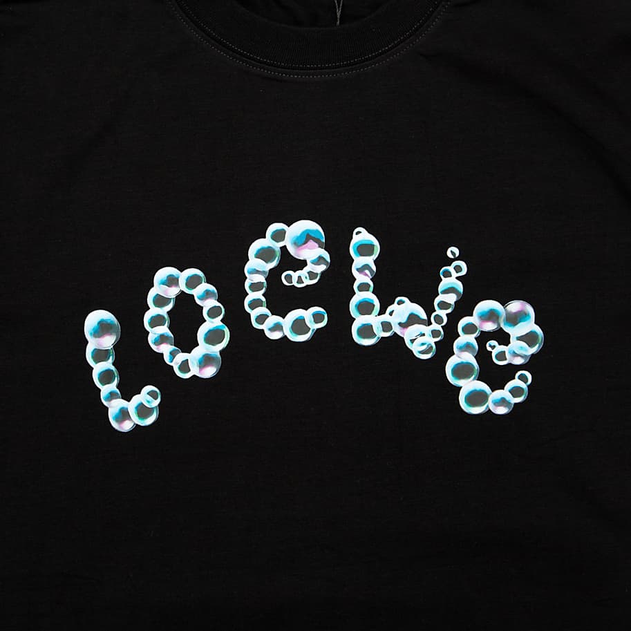 Black Loewe t-shirt with large blue/teal animal print bubble logo on chest, short sleeves, luxury unisex designer wear.