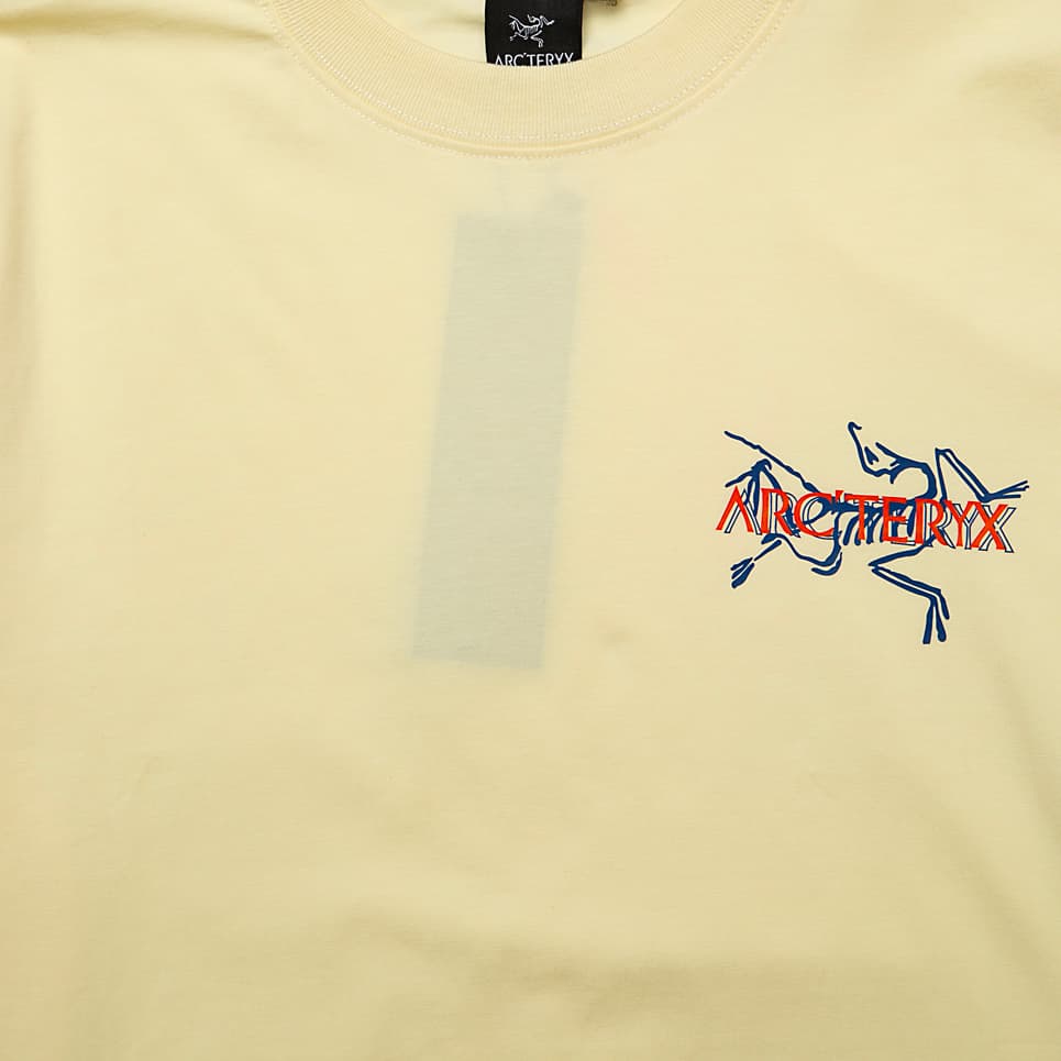 Cream Arc'teryx t-shirt with small multi-colour outlined fossil logo on chest, performance cotton, unisex outdoor wear.