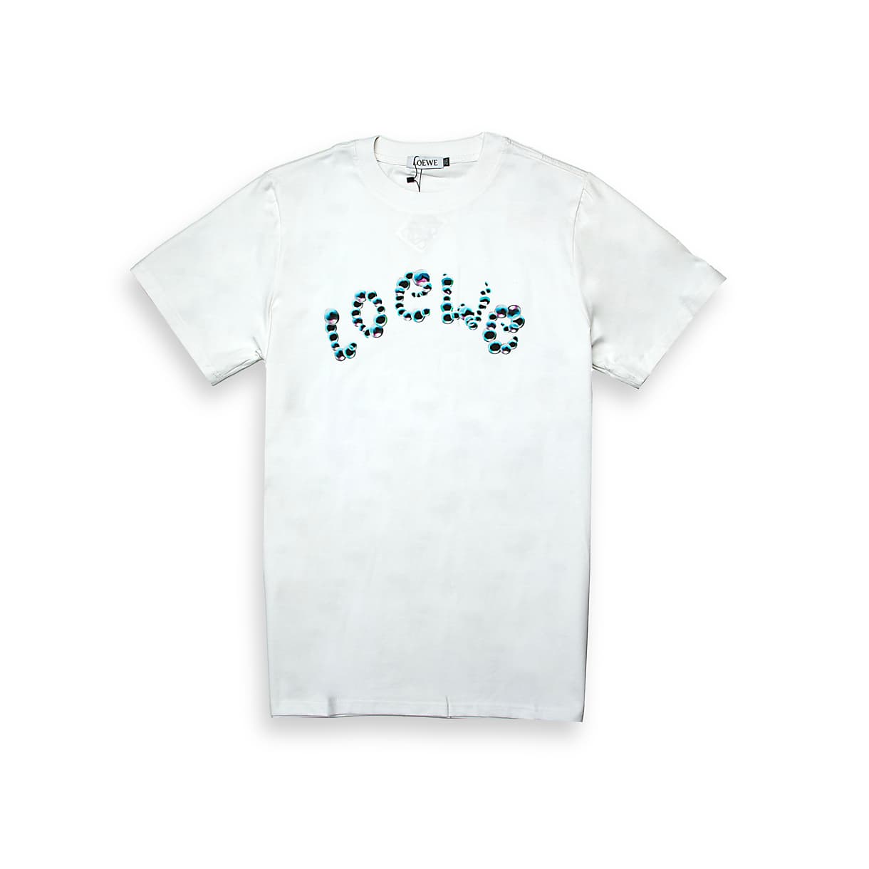 White Loewe t-shirt with large blue/teal animal print bubble logo on chest, short sleeves, luxury unisex designer wear.