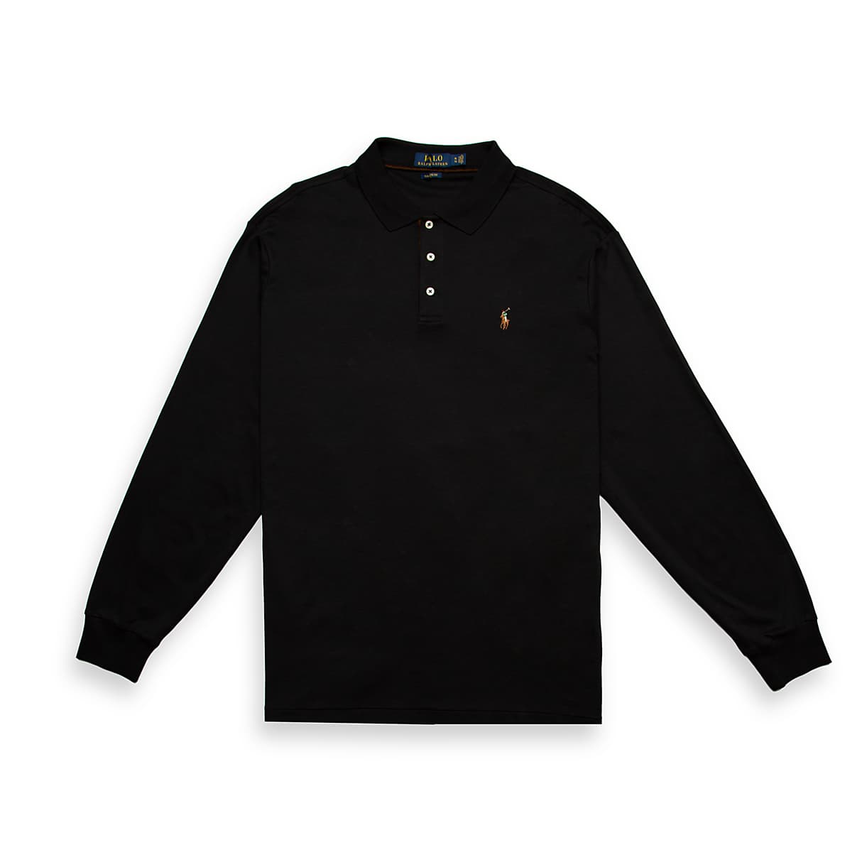 Black Polo Ralph Lauren long sleeve piqué polo shirt with ribbed cuffs and tan embroidered Polo Pony logo, men's classic fit.