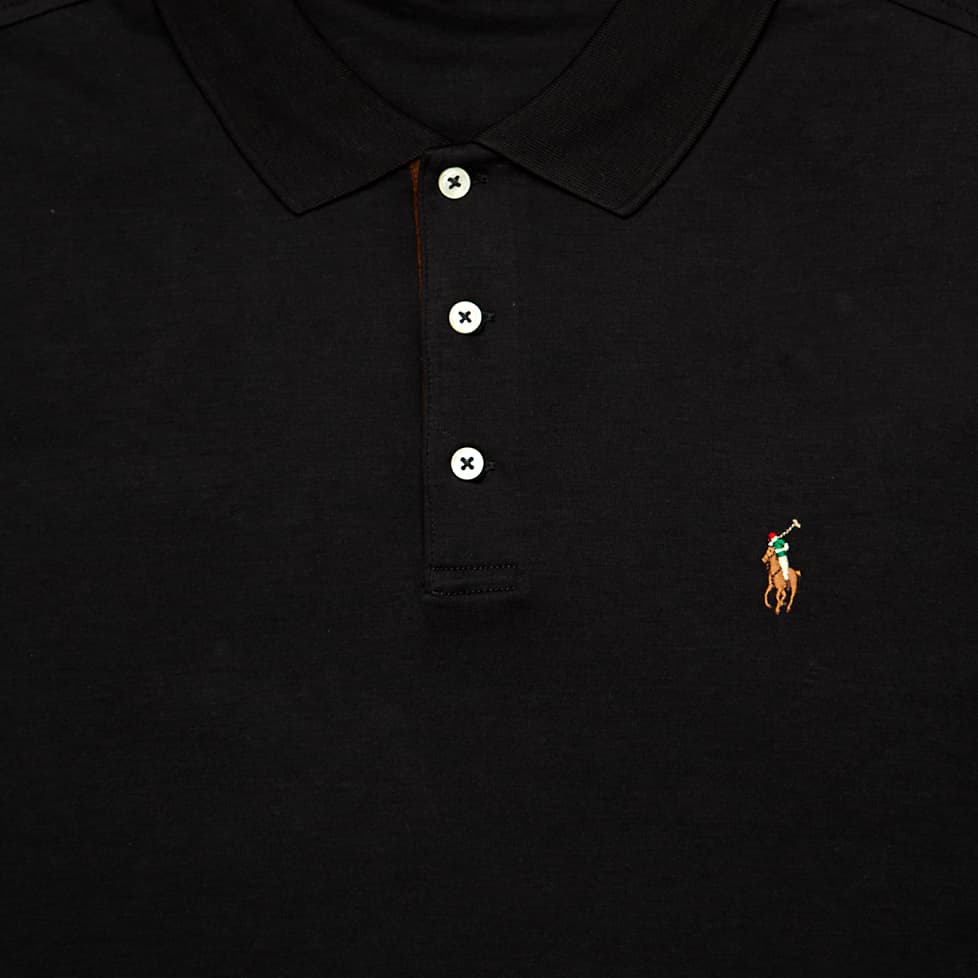 Black Polo Ralph Lauren long sleeve piqué polo shirt with ribbed cuffs and tan embroidered Polo Pony logo, men's classic fit.