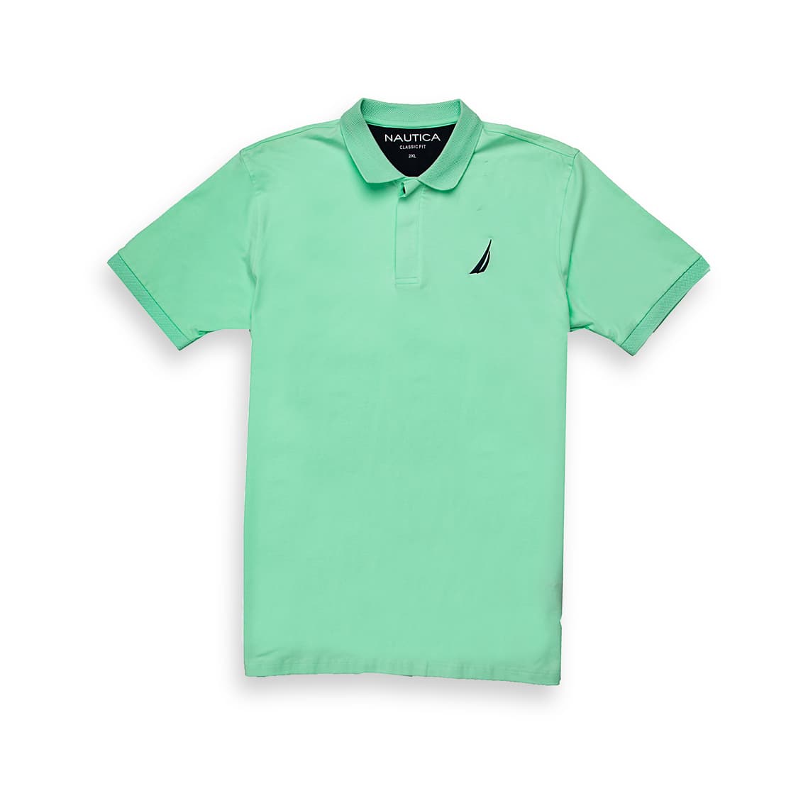 Mint Green Nautica short sleeve polo shirt with black embroidered J-Class sail logo on chest, men's breathable piqué cotton.