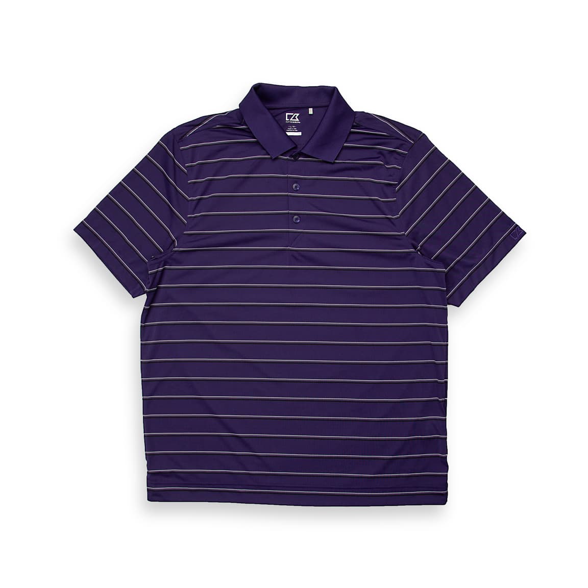Purple Cutter & Buck striped short sleeve polo shirt, men's performance fabric, golf wear, three-button placket.