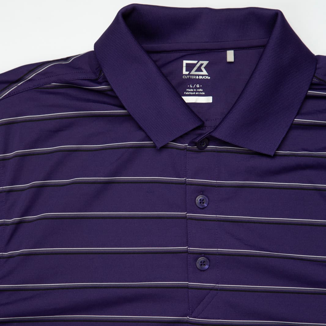 Purple Cutter & Buck striped short sleeve polo shirt, men's performance fabric, golf wear, three-button placket.