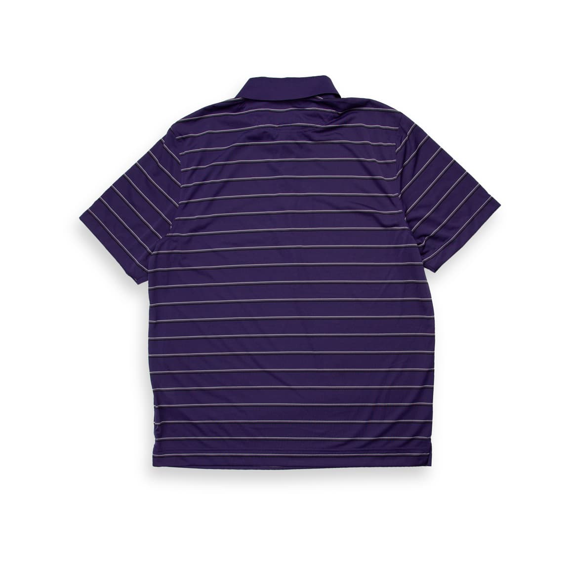 Purple Cutter & Buck striped short sleeve polo shirt, men's performance fabric, golf wear, three-button placket.