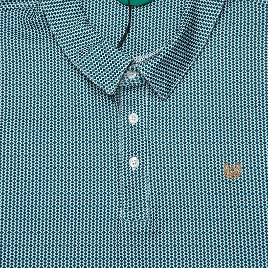 This is a short-sleeleeve polo shirt featuring a classic collar and a two-button placket.