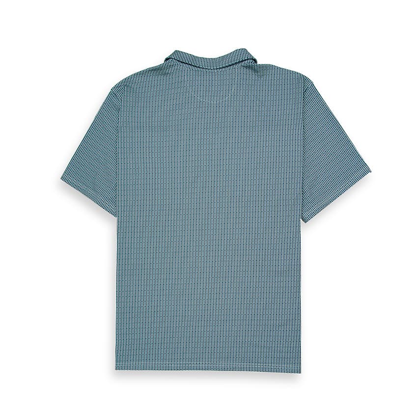 This is a short-sleeleeve polo shirt featuring a classic collar and a two-button placket.