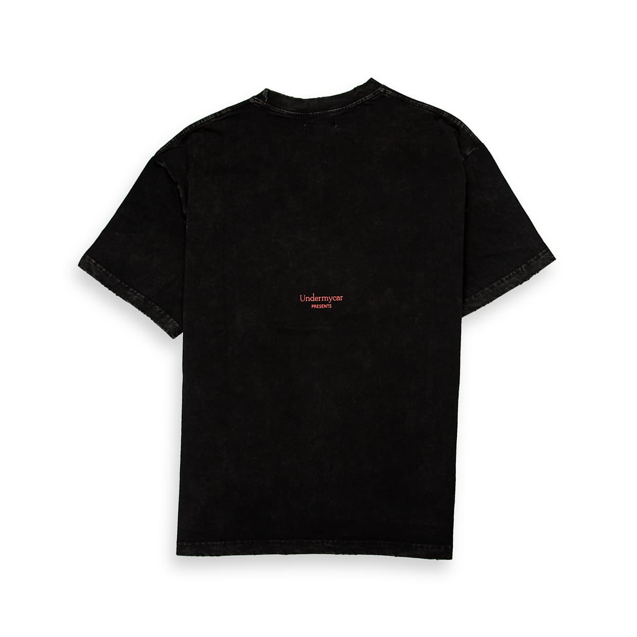 This is an edgy, short-sleeve crew-neck t-shirt with a vintage, distressed finish, suggesting a heavy wash or garment-dyed process.