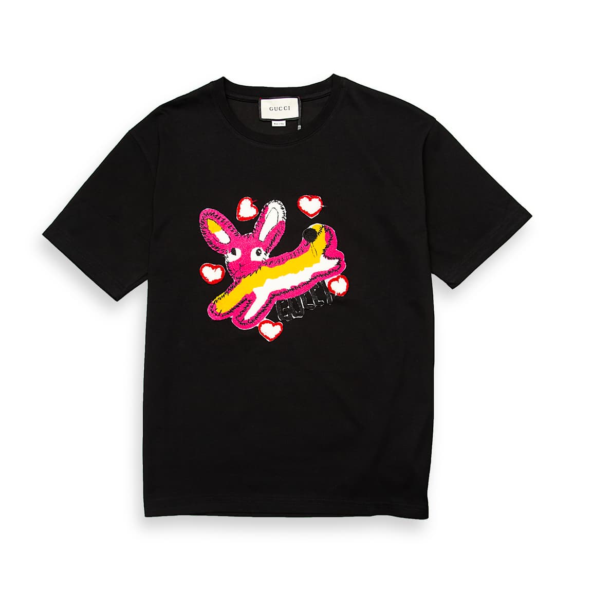 This is a premium, black, short-sleeve crew-neck t-shirt from the luxury brand GUCCI.