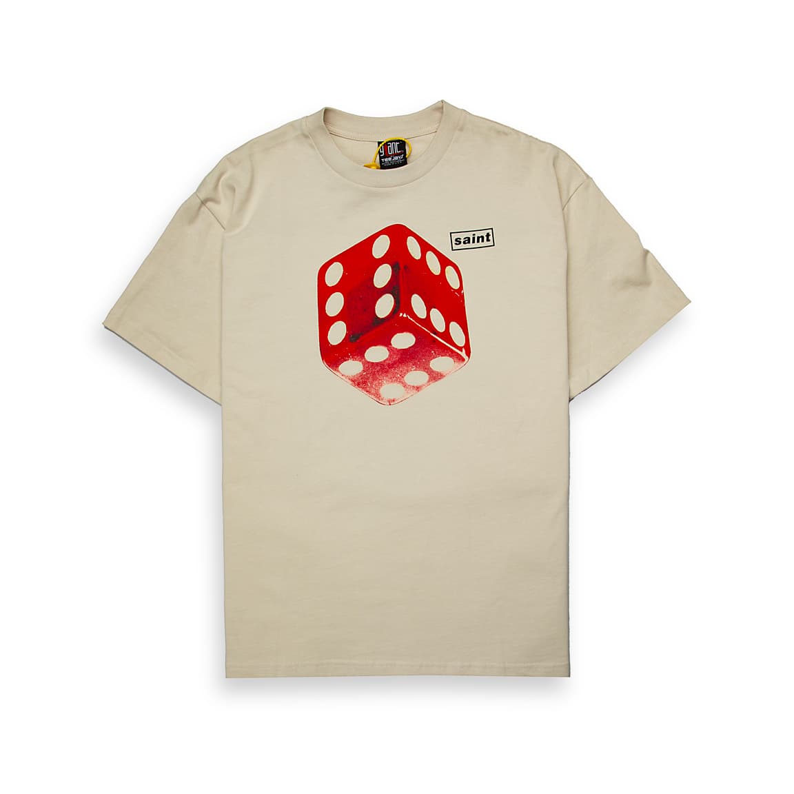 This is a short-sleeve, crew-neck t-shirt in a neutral shade, featuring a bold, minimalist graphic.