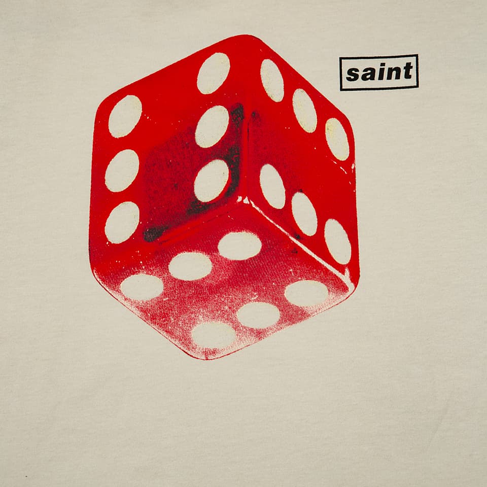 This is a short-sleeve, crew-neck t-shirt in a neutral shade, featuring a bold, minimalist graphic.
