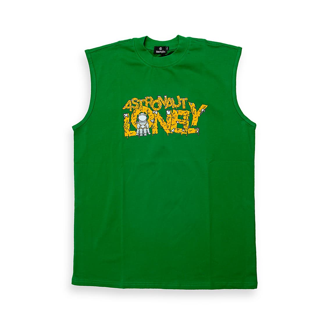 A vibrant, comfortable sleeveless t-shirt featuring a playful, hand-drawn style graphic that spells out "ASTRONAUT LONELY".