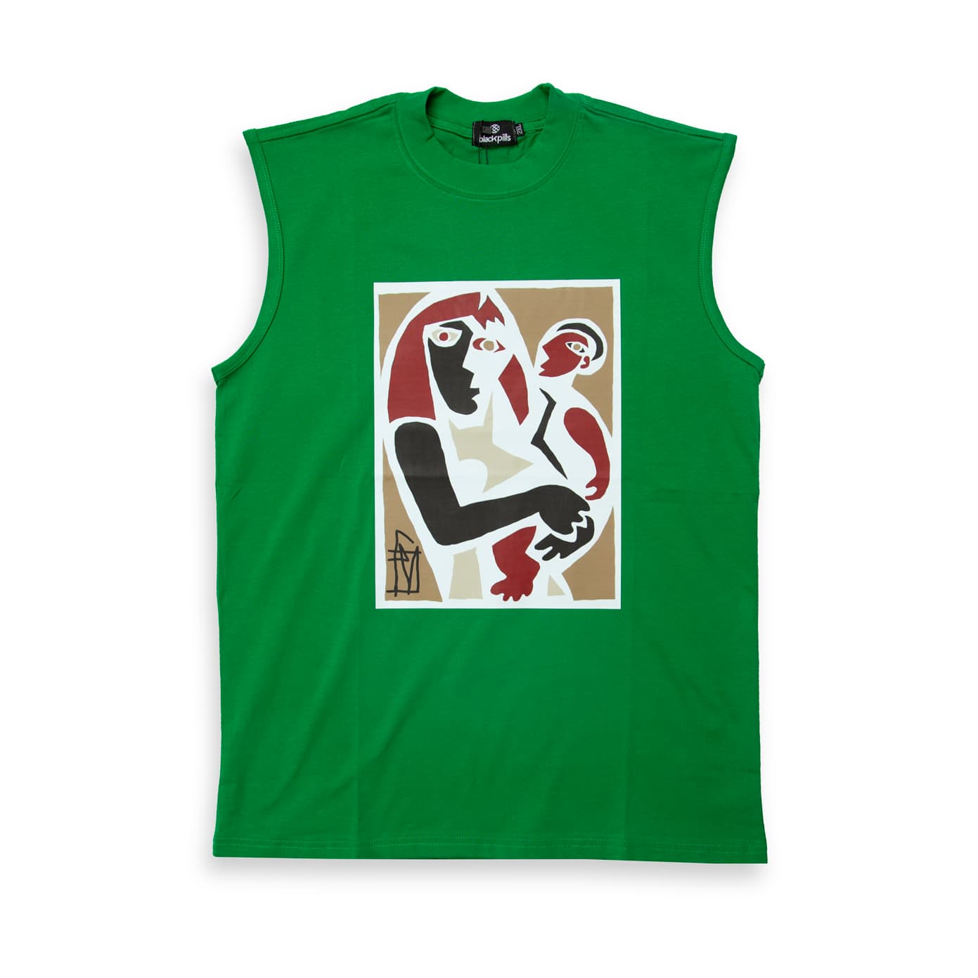 This is a vibrant, sleeveless t-shirt featuring a distinctive graphic print inspired by the Cubist art style, reminiscent of works like Pablo Picasso's "Mother and Child" series.