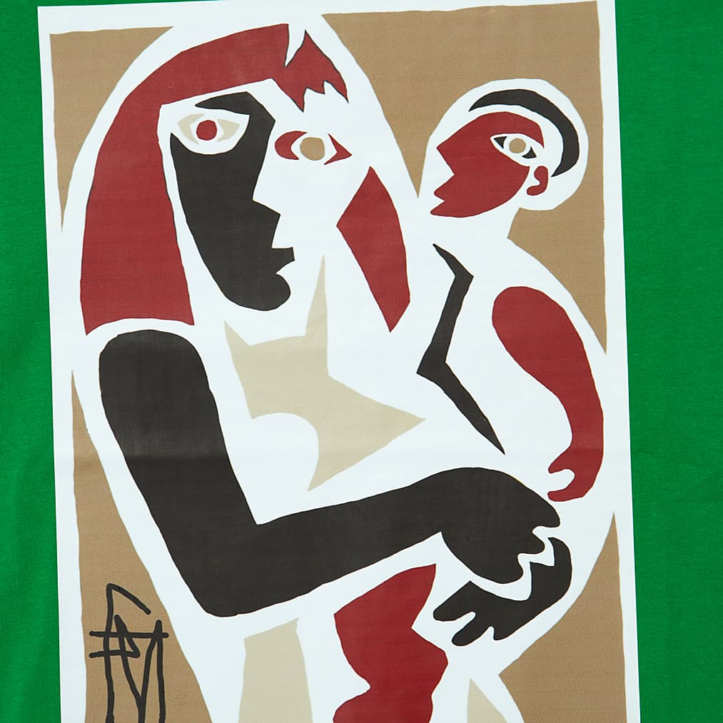 This is a vibrant, sleeveless t-shirt featuring a distinctive graphic print inspired by the Cubist art style, reminiscent of works like Pablo Picasso's "Mother and Child" series.