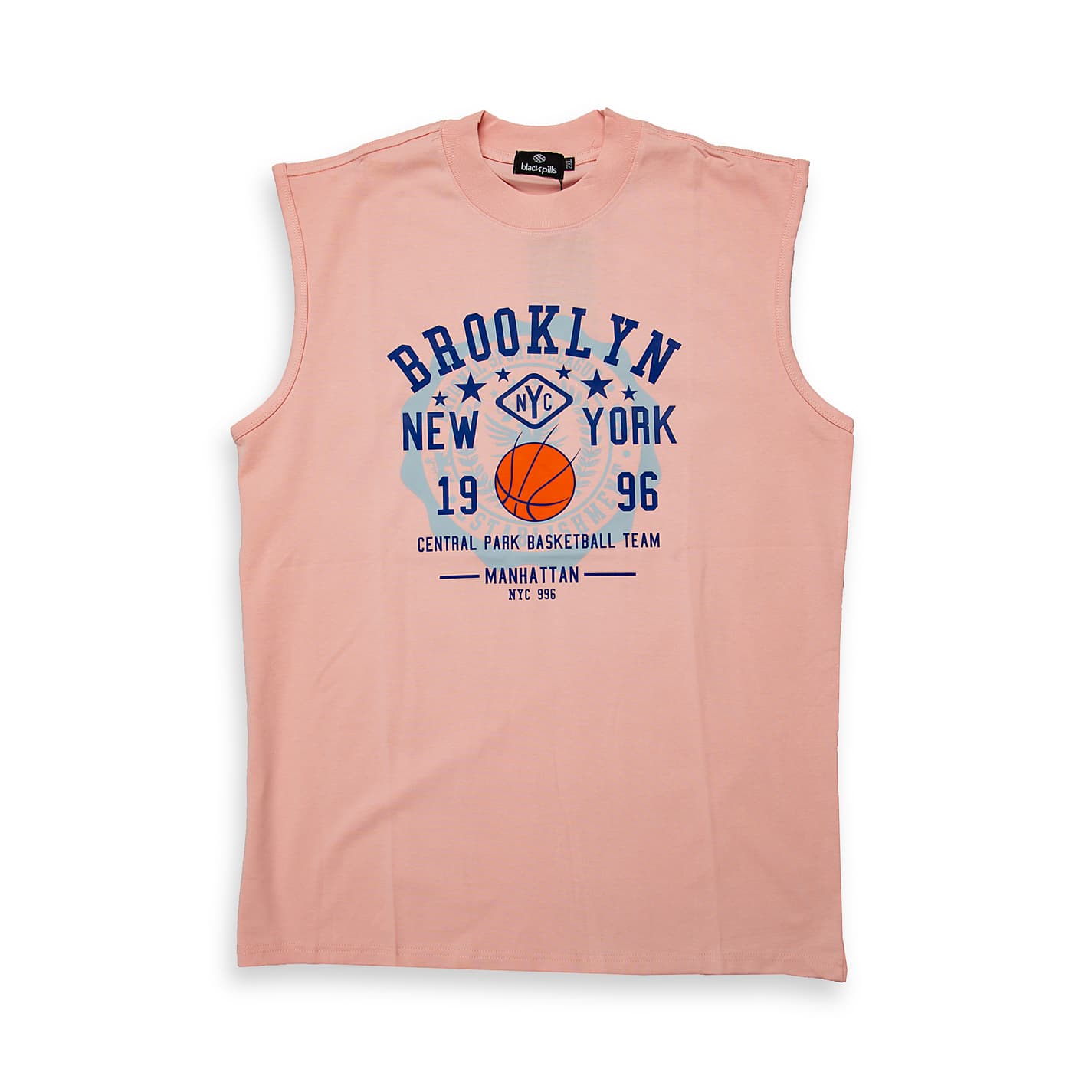 This is a casual, relaxed-fit sleeveless t-shirt (or tank top) featuring a vintage-style athletic graphic design inspired by New York City basketball culture.