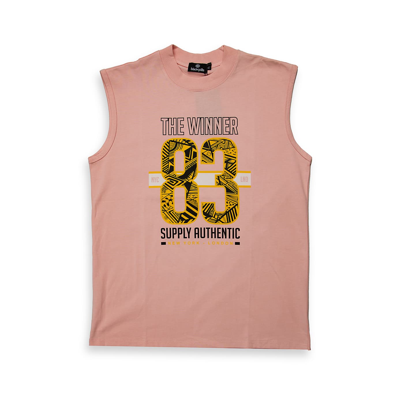 This is a stylish, regular-fit, crew-neck sleeveless t-shirt featuring a bold, multi-layered graphic design on the chest.