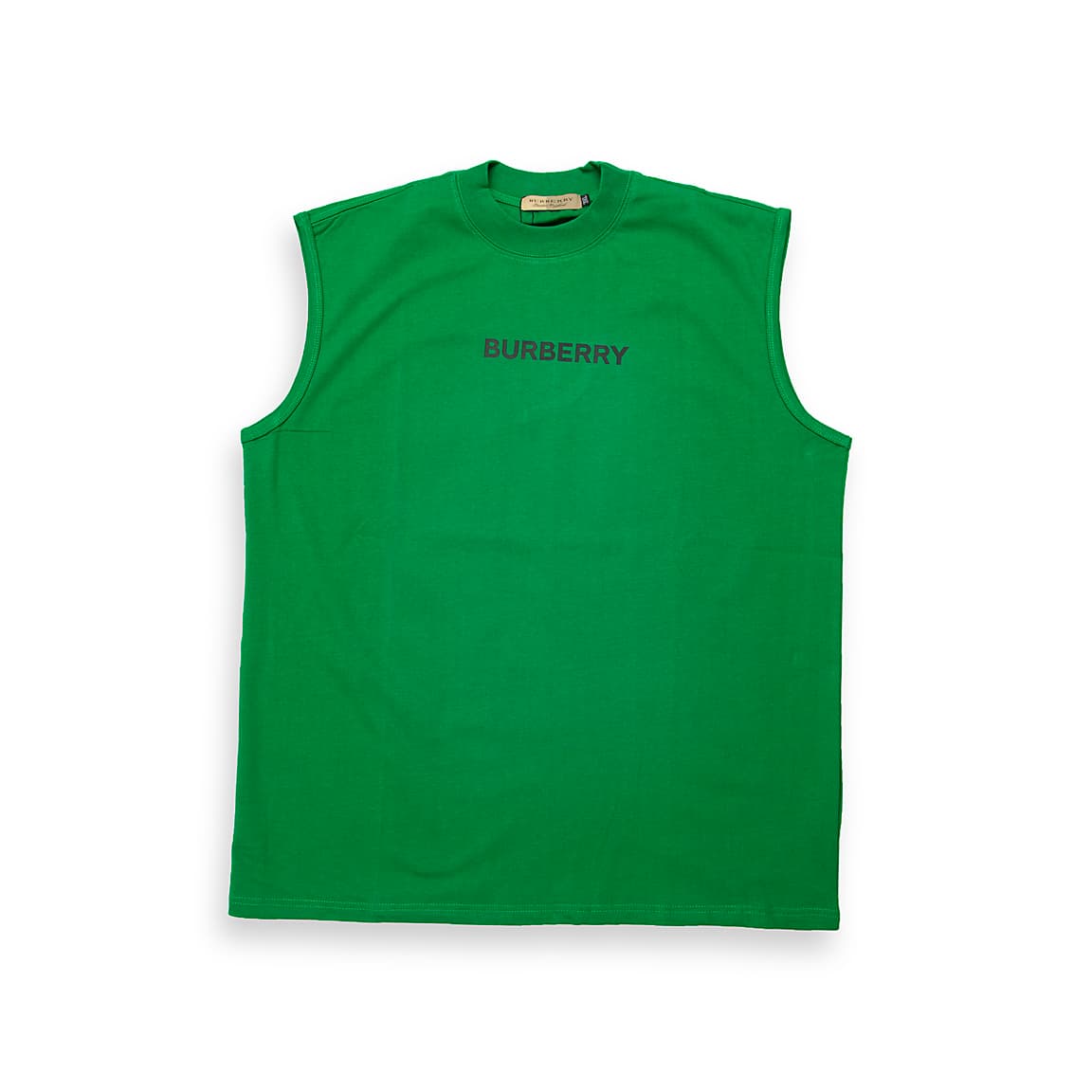 Bright Green Burberry sleeveless t-shirt with black logo print on chest, premium cotton designer vest top, unisex.
