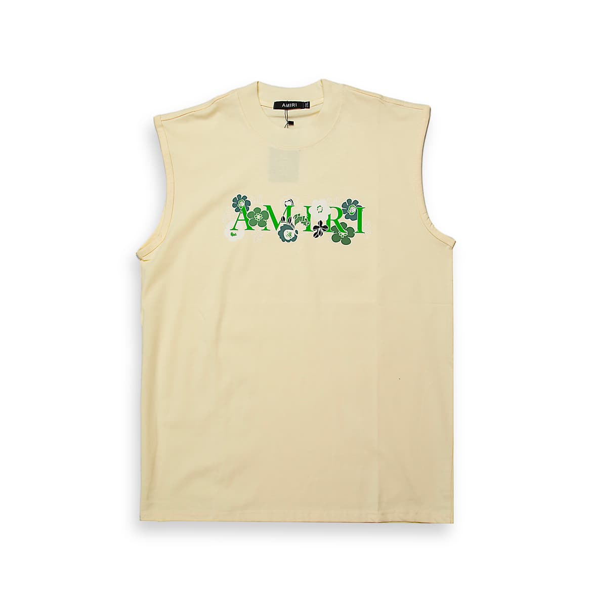 This is a premium, fashion-forward sleeveless t-shirt or tank top, featuring the brand name AMIRI embroidered or printed across the chest.