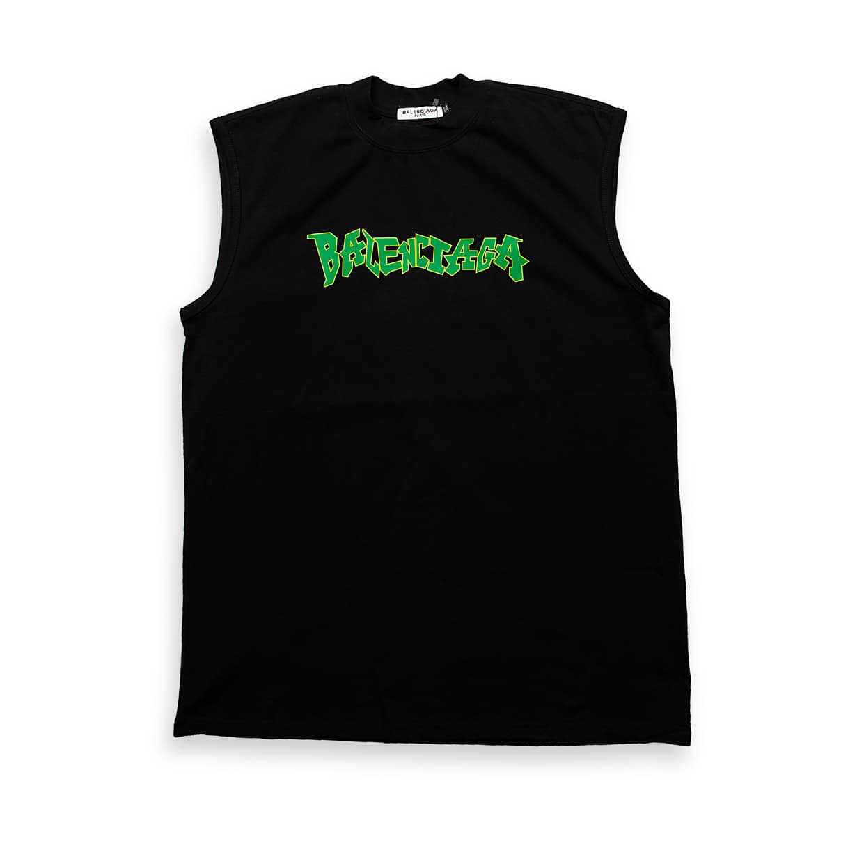 Black Balenciaga sleeveless t-shirt with neon green graffiti logo print, luxury cotton designer streetwear, unisex.