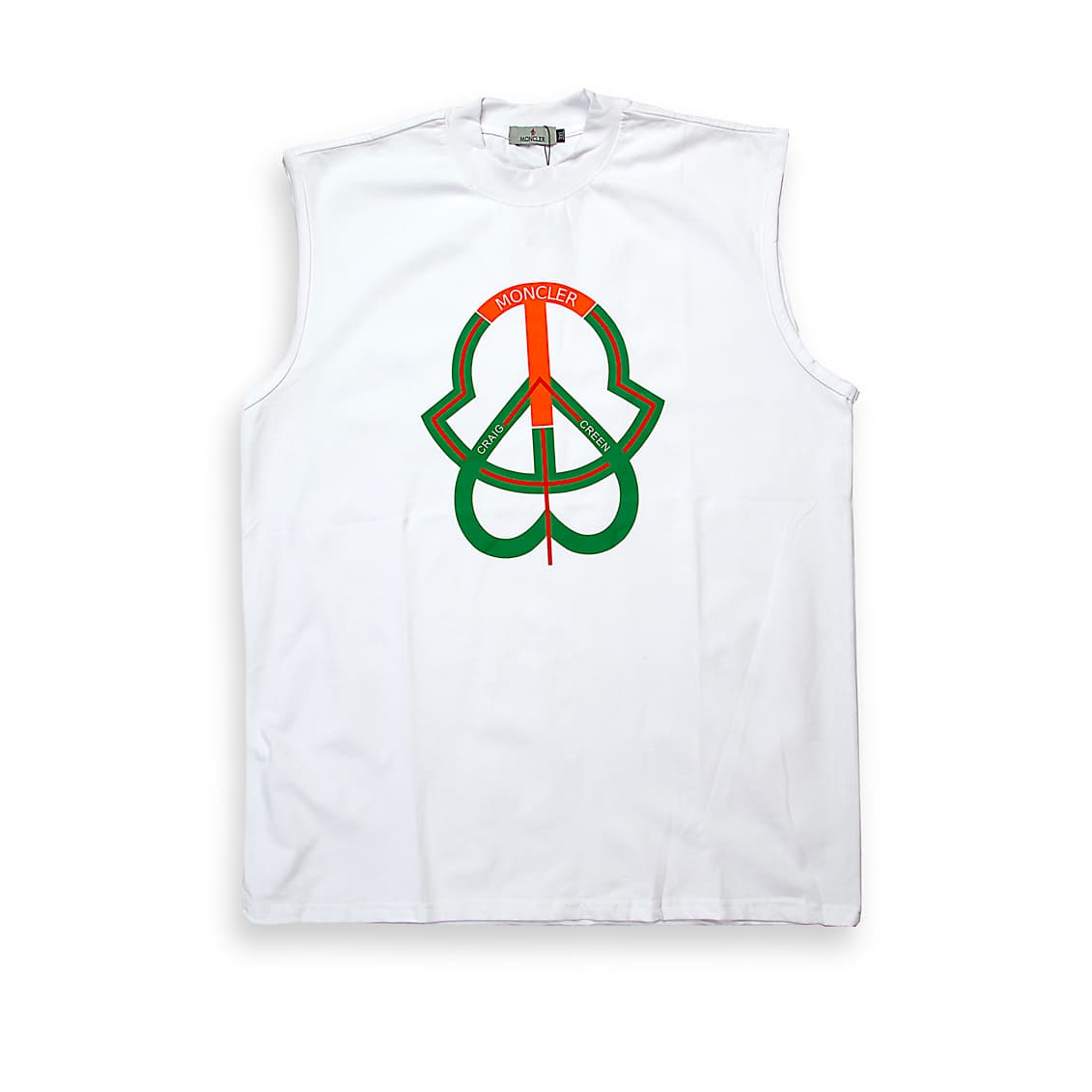 White Moncler Genius Craig Green sleeveless t-shirt with orange and green Peace/logo graphic, luxury cotton vest, unisex.
