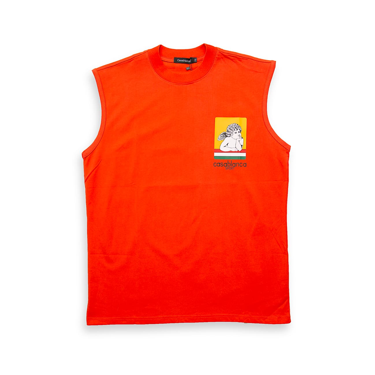 This is a high-impact, sleeveless t-shirt or tank top known for its vibrant base colour and small, distinctive graphic print on the left chest.