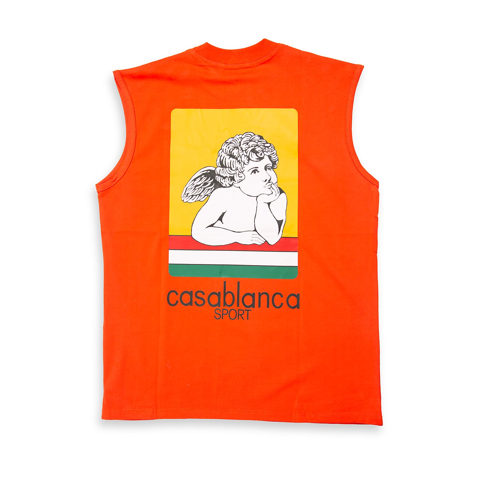 This is a high-impact, sleeveless t-shirt or tank top known for its vibrant base colour and small, distinctive graphic print on the left chest.