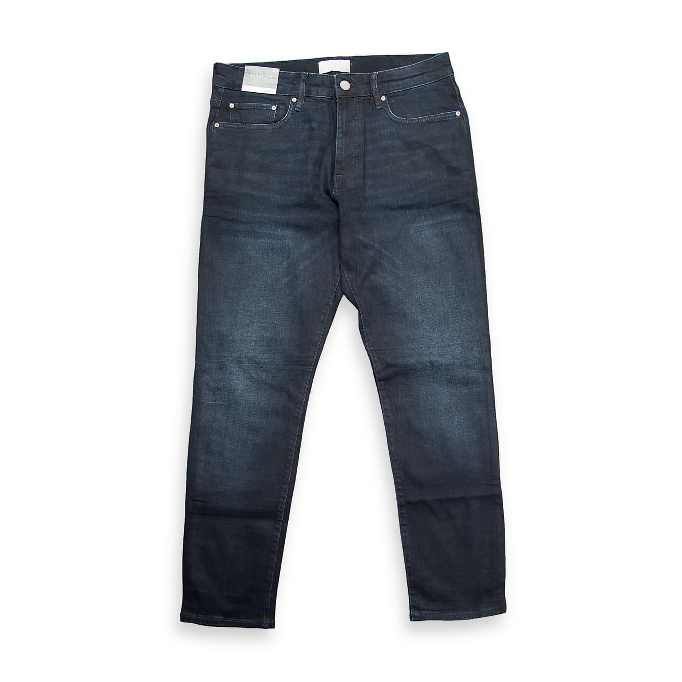 These are a pair of modern slim-fit jeans in a deep, rich indigo denim with a subtle wash and fading effect, primarily on the thighs.
