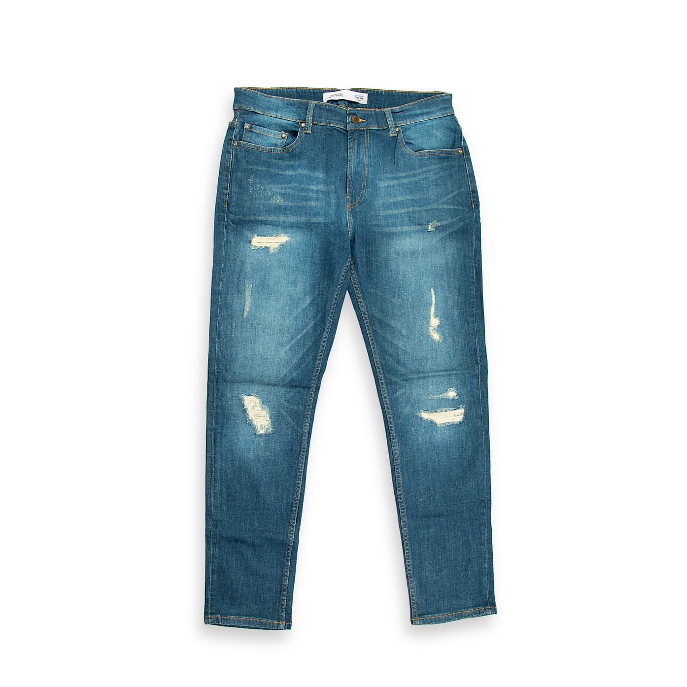 These are a pair of straight or slim-straight fit denim jeans featuring a medium blue wash and significant factory distressing.