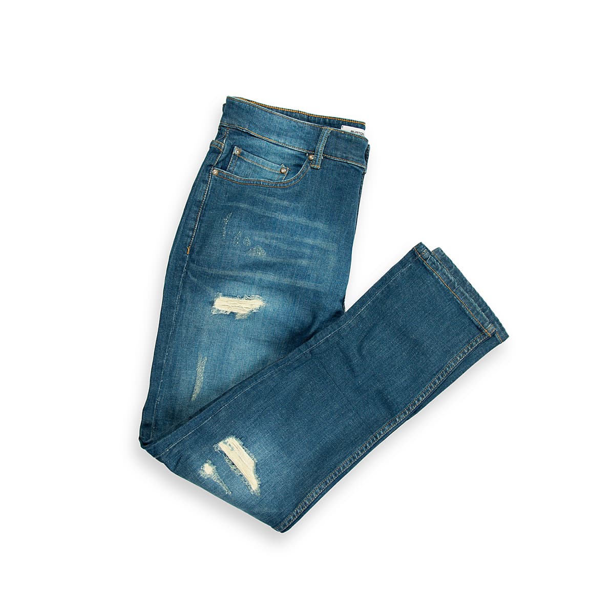 These are a pair of straight or slim-straight fit denim jeans featuring a medium blue wash and significant factory distressing.