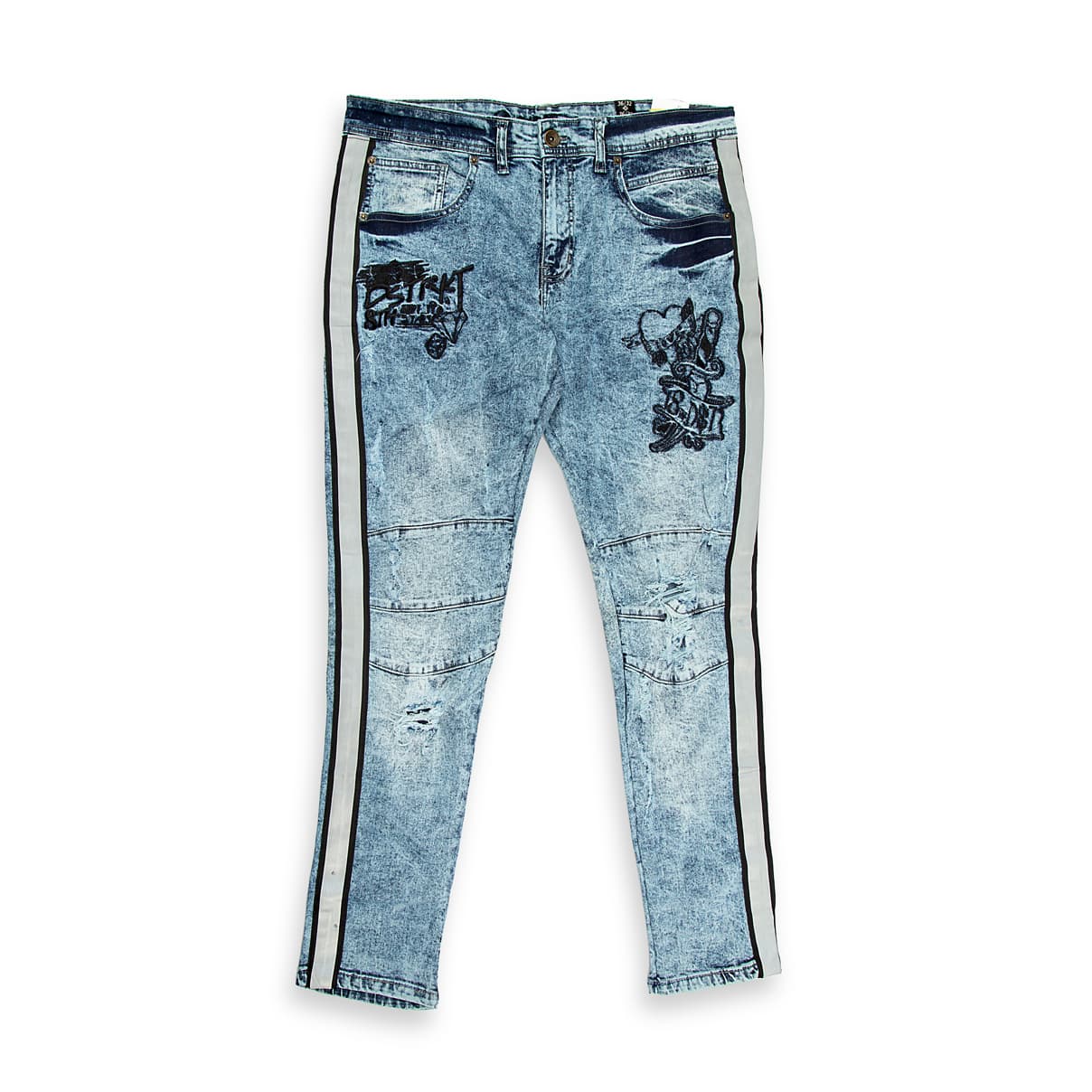 These are acid-wash denim jeans with a contemporary slim-to-skinny fit.