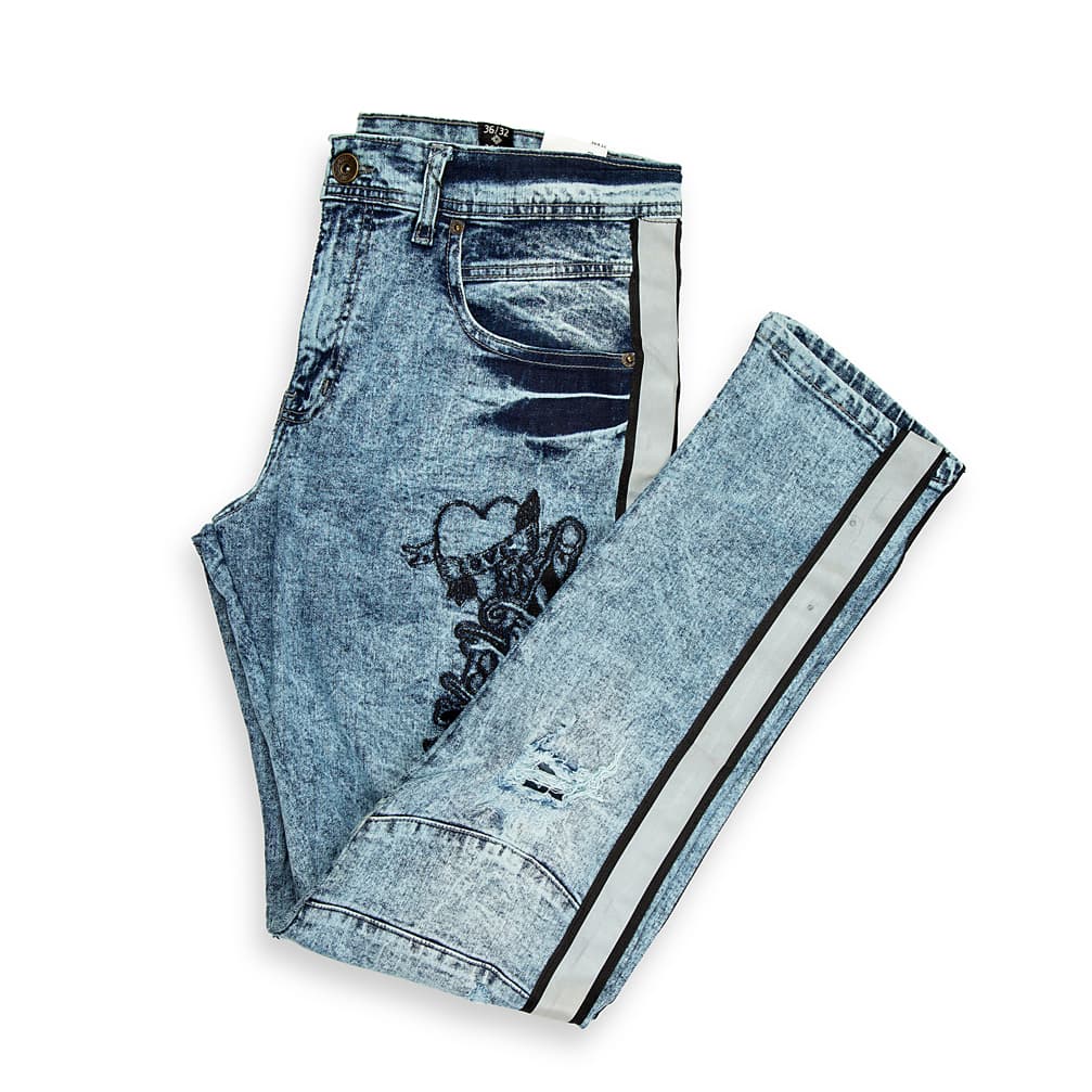 These are acid-wash denim jeans with a contemporary slim-to-skinny fit.