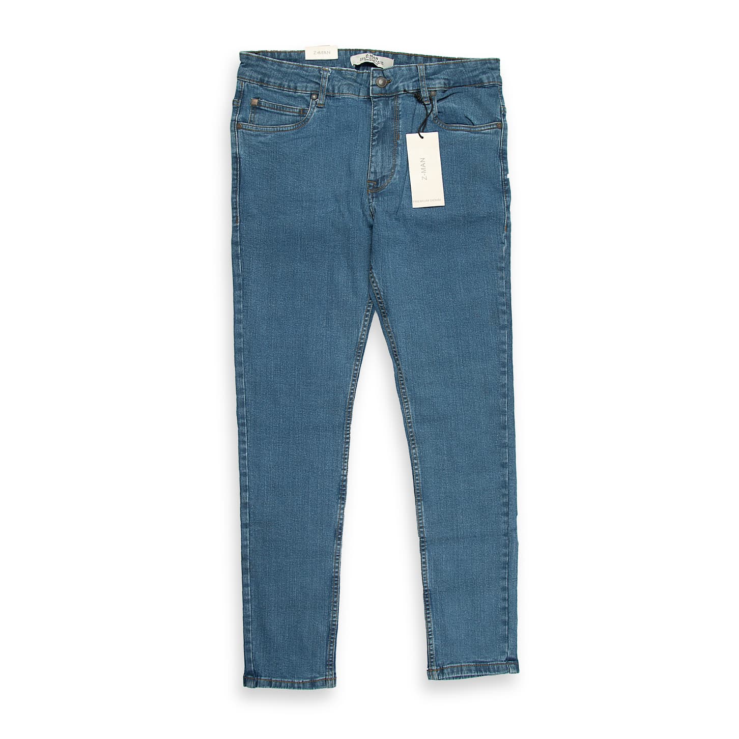 These are men's contemporary jeans featuring a classic, clean medium blue wash with minimal fading or whiskering, giving them a timeless look.