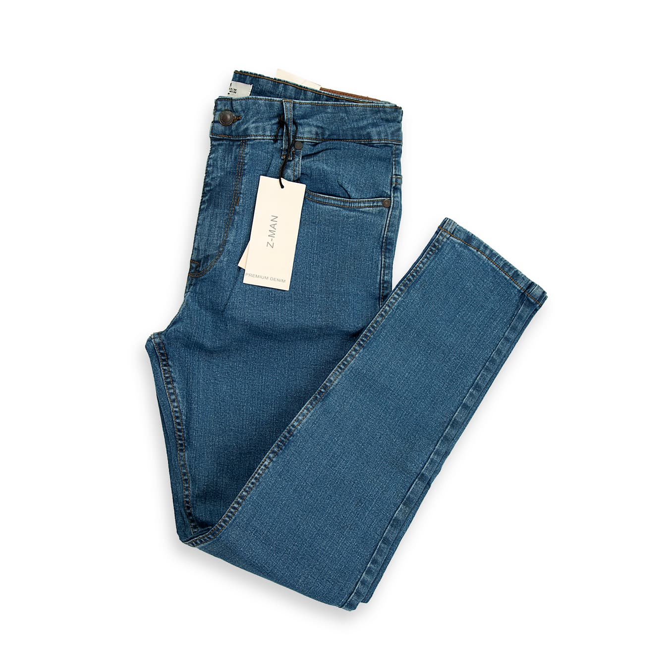These are men's contemporary jeans featuring a classic, clean medium blue wash with minimal fading or whiskering, giving them a timeless look.