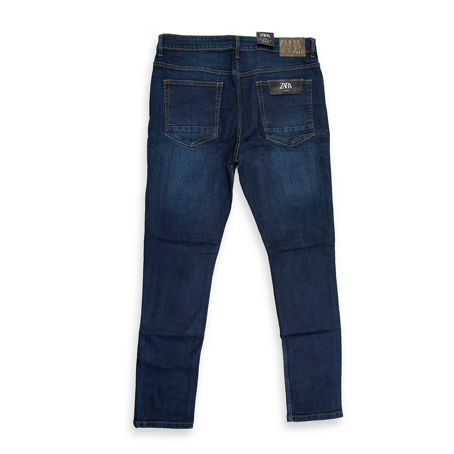 A classic and versatile pair of men's slim-fit jeans in a rich, dark indigo wash. These jeans feature the traditional five-pocket styling, a button closure, and a zip fly.